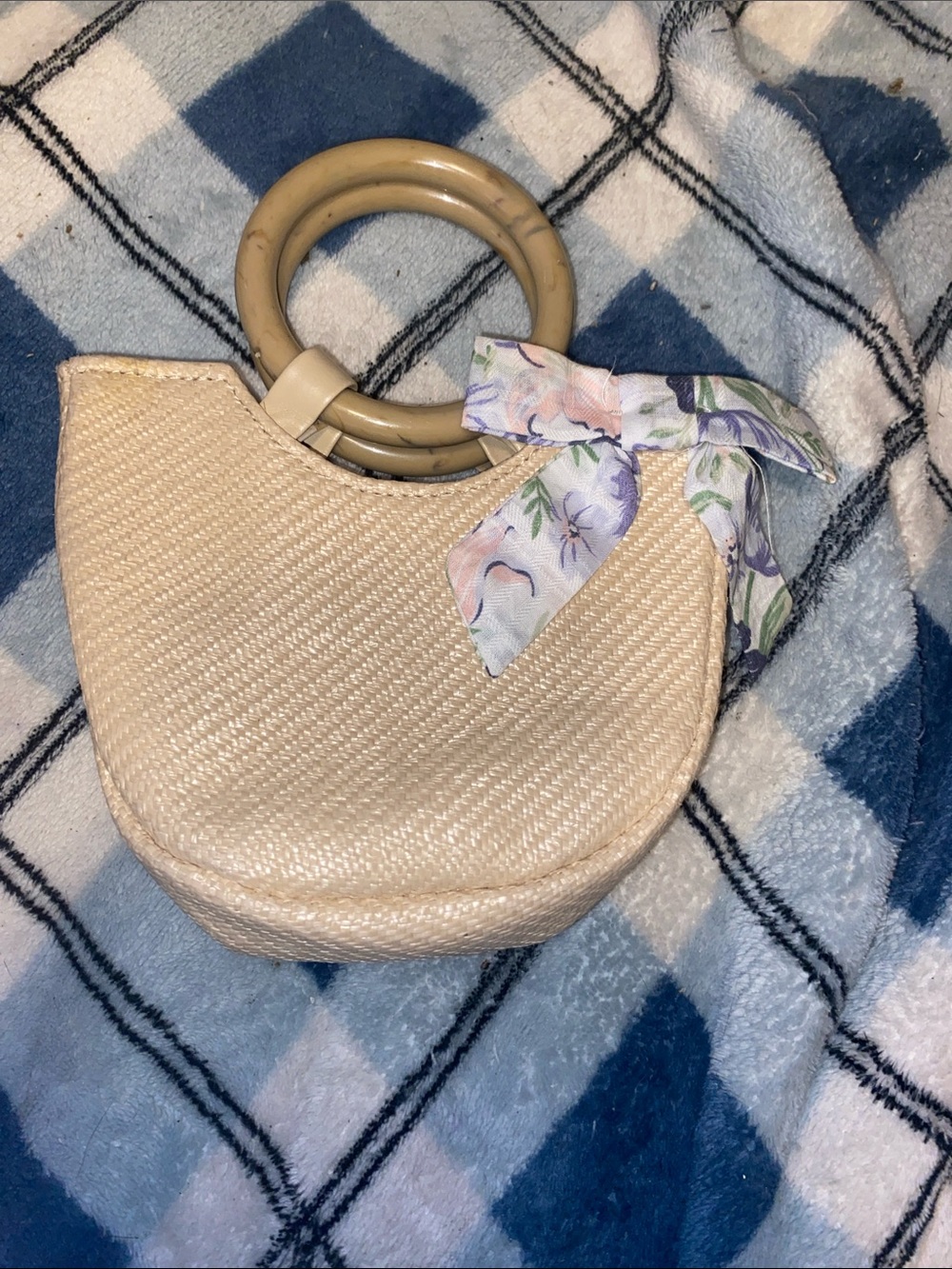 Beige Straw Handbag with Round Handles and Floral Scarf